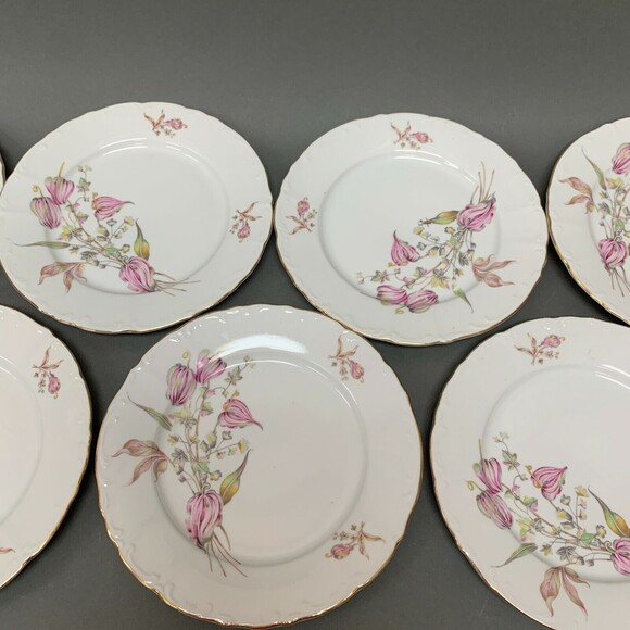Bohemian Czechoslovakia Salad Plates Floral White Pink Gold Trim Lot of 7 - Picture 3 of 11